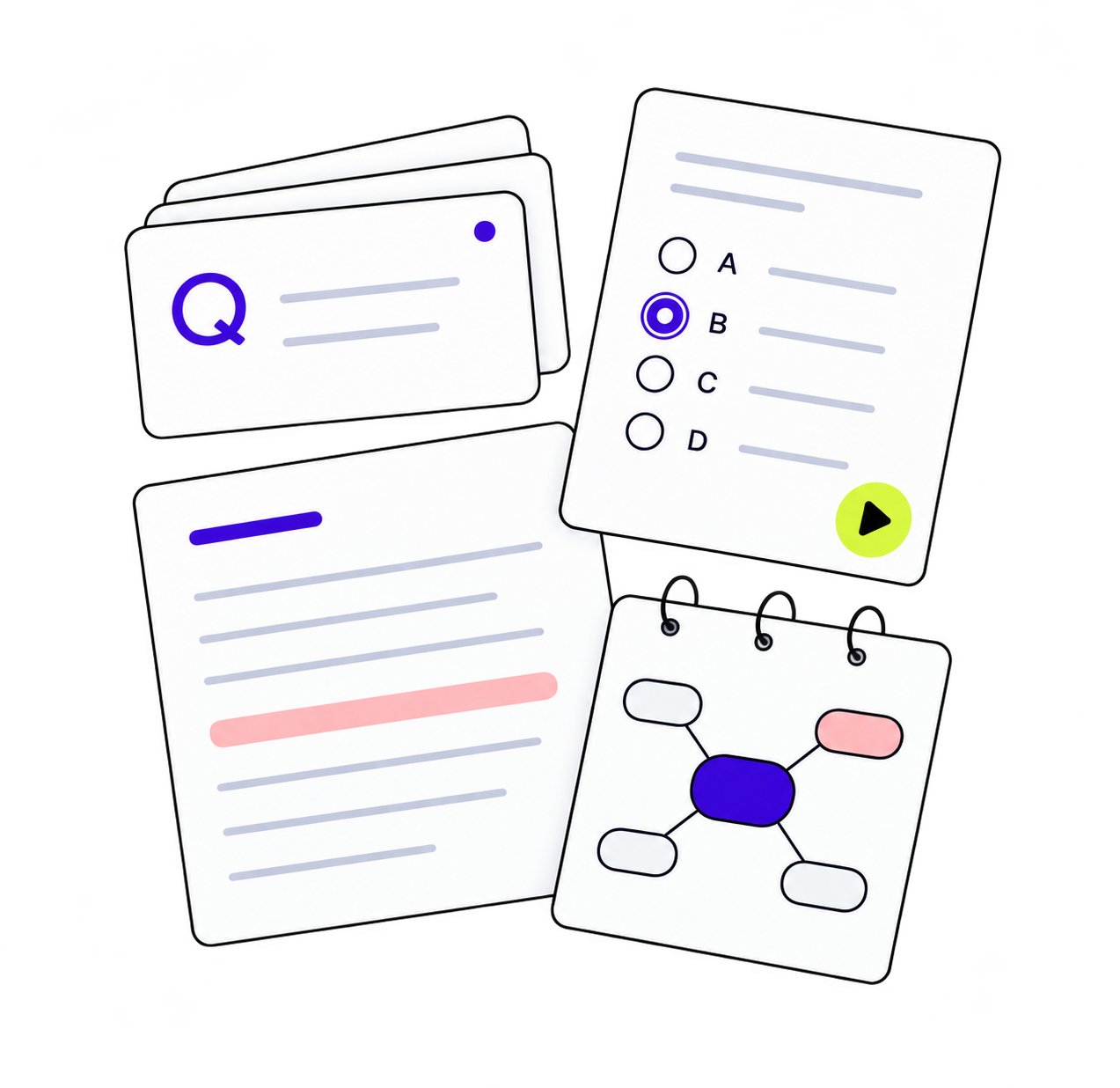 Flashcards, a quiz, a summary, and structured study notes shown together.