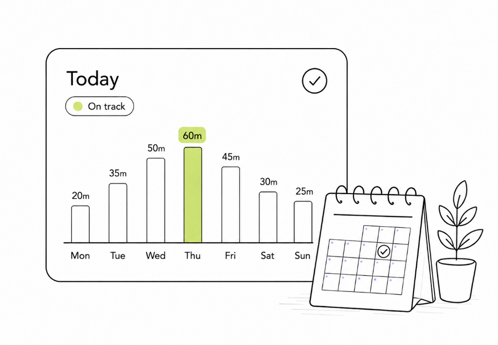 Personalisiertes Lerndashboard mit Fortschritt und Kalender.